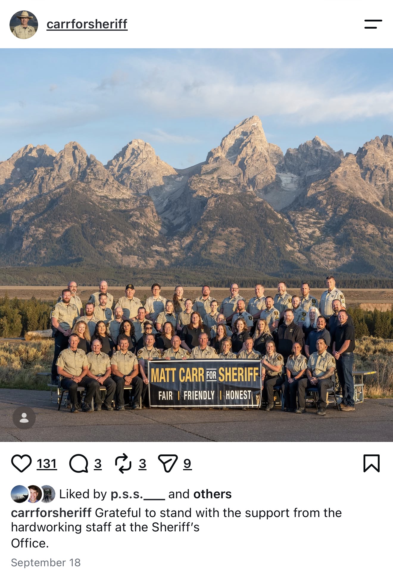 The full Instagram post by carrforsheriff on September 18, 2026, with the group photograph, caption, and counts of 131 likes and 3 shares.