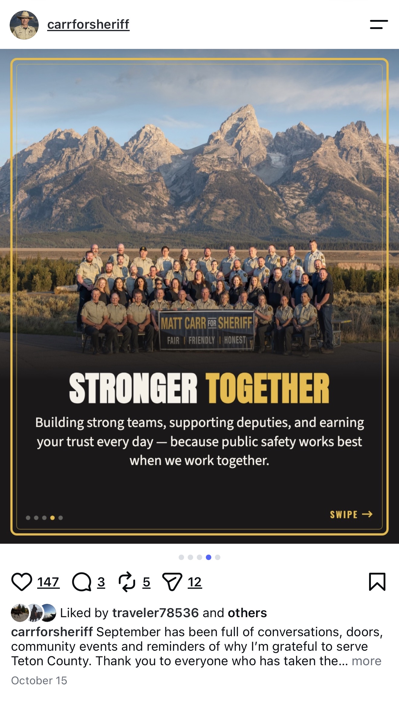 An Instagram carousel slide by carrforsheriff on October 15, 2026 showing the group photograph as a Stronger Together campaign graphic.