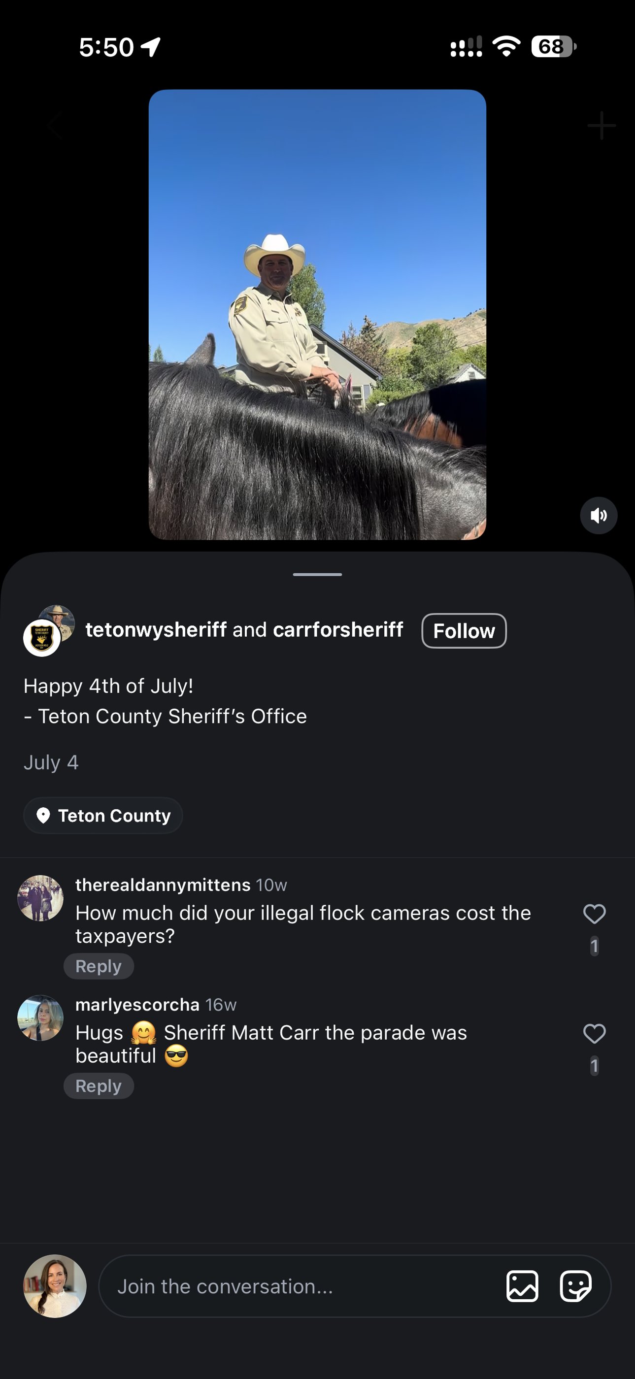 An Instagram collaboration post by tetonwysheriff and carrforsheriff on July 4, 2026 showing Carr in uniform on horseback at the parade, with both account names in the byline.