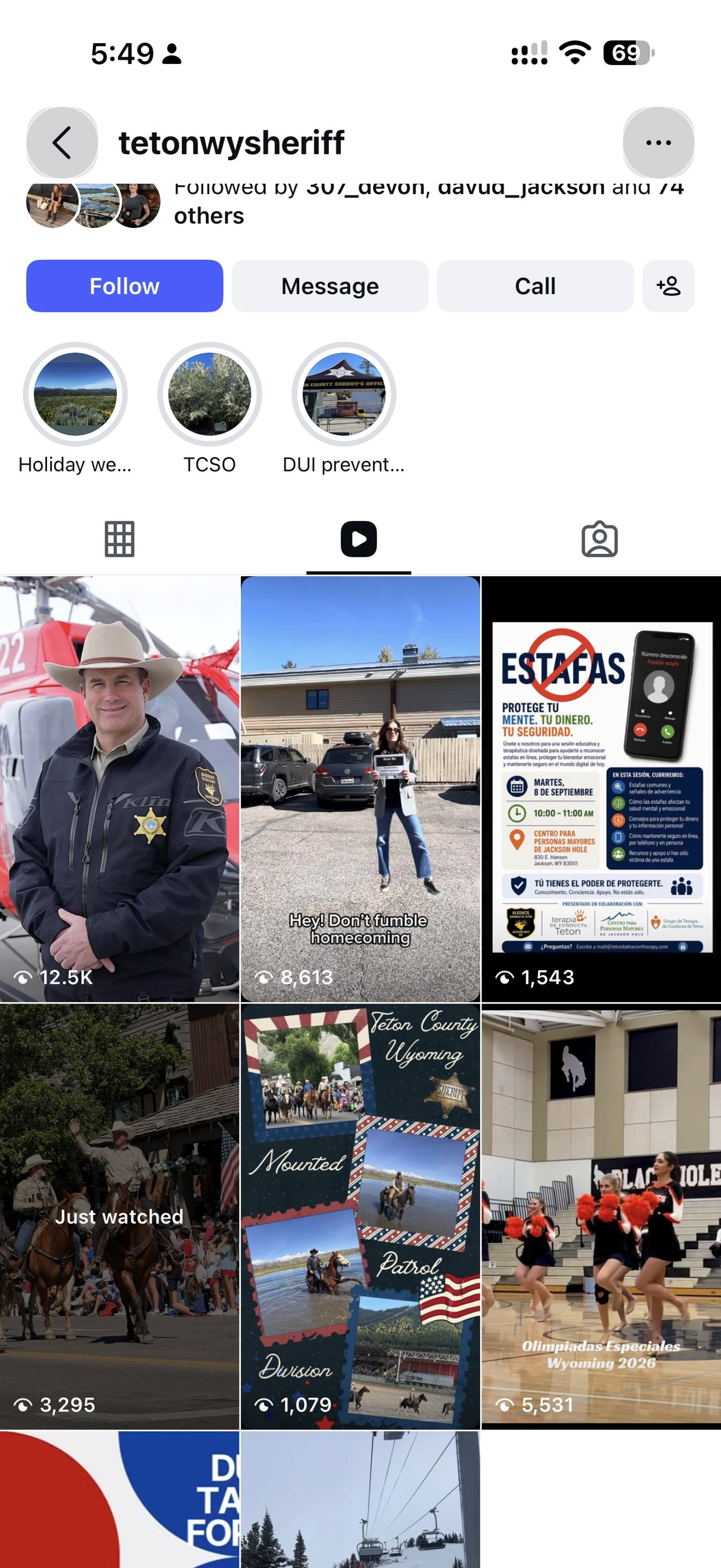 The tetonwysheriff Instagram reels tab on October 24, 2026, with a portrait reel of Carr in uniform in the top position beside agency content.