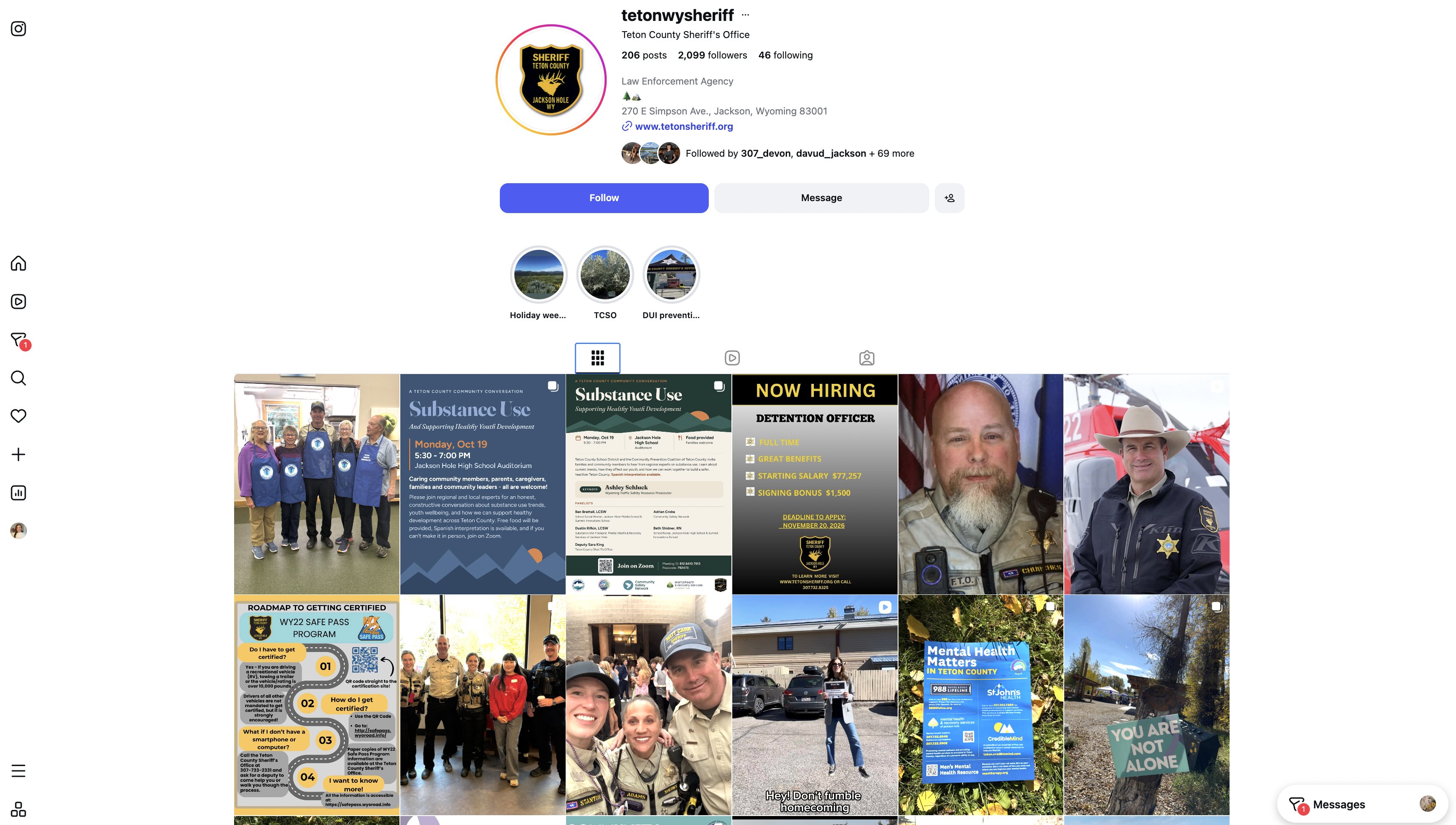 The tetonwysheriff Instagram profile on October 25, 2026: Teton County Sheriff's Office, 206 posts, 2,099 followers, with the party-apron post in the first grid position beside agency notices.