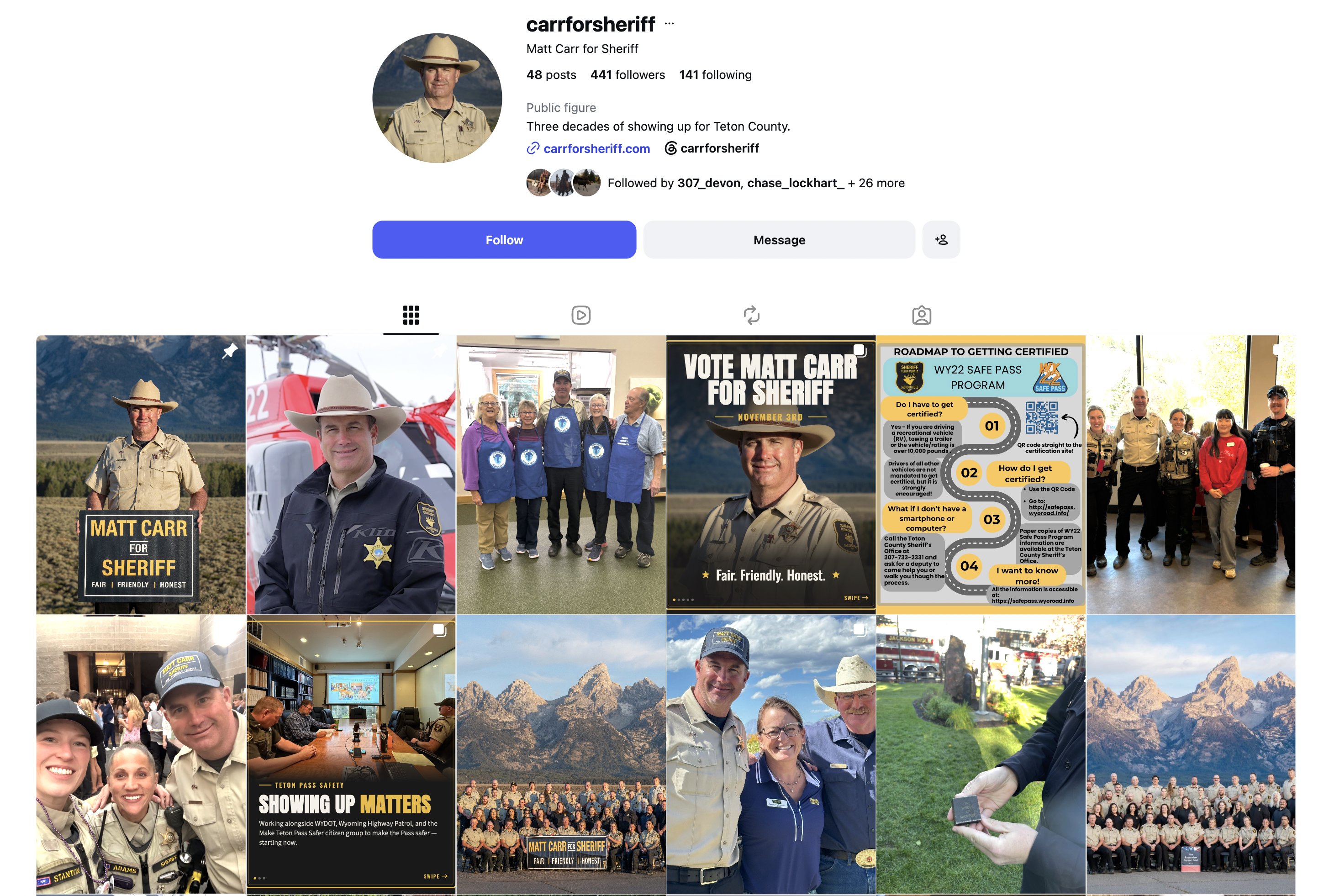 The carrforsheriff Instagram profile on October 25, 2026: Matt Carr for Sheriff, 48 posts, 441 followers, with the party-apron post, the WY22 Safe Pass infographic, deputies with students, and Carr in a campaign cap with two uniformed deputies.