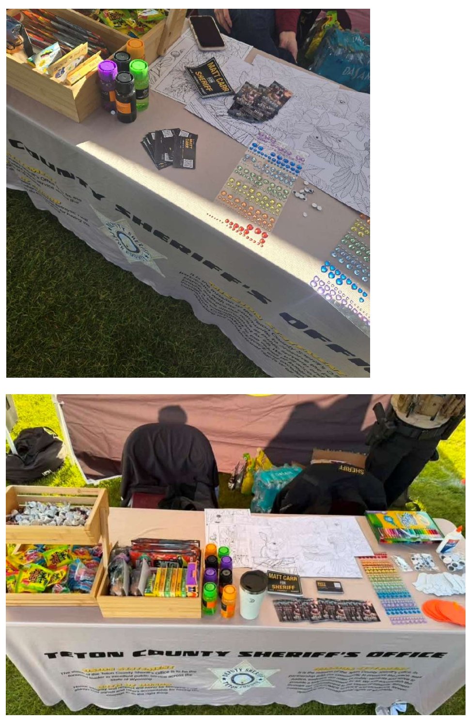 Two photographs of the Teton County Sheriff's Office table at Old Bill's Fun Run with Matt Carr for Sheriff cards and a small campaign sign among stickers and coloring pages.
