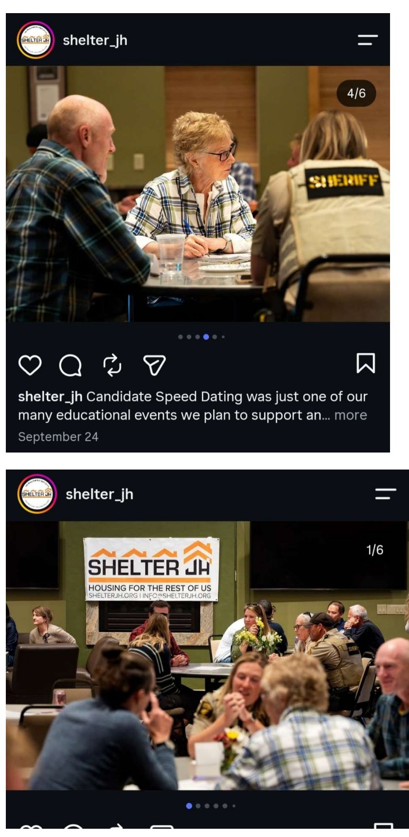 Two ShelterJH Instagram photographs from the September 14 candidate forum, one showing a deputy in a duty vest marked SHERIFF seated at a table with attendees.